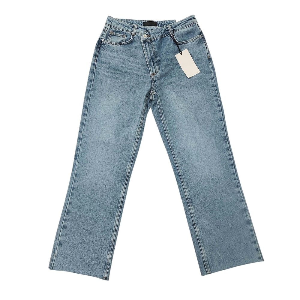 Zara Womens 6 Blue Straight Leg Jeans Asymmetric Crossover Waist Raw Hem Y2K